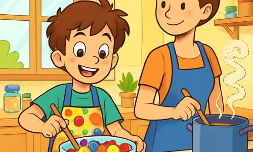 Un joven llamado Luca, de unos 10 años, está en el centro de la cocina, sonriendo con orgullo. Tiene el cabello castaño desordenado, ojos curiosos y lleva un delantal colorido con motivos de frutas. Está mezclando una gran ensalada de frutas en un bol de vidrio, con colores vibrantes a su alrededor. A su lado, su madre, una mujer de unos treinta años con el cabello castaño recogido, lo observa con benevolencia mientras revuelve una olla en el fuego, añadiendo especias que flotan en el aire. La cocina es amplia y luminosa, con paredes amarillas, estantes llenos de tarros coloridos y ventanas abiertas que dejan entrar la luz del sol. Hierbas frescas y verduras están dispuestas en la encimera, añadiendo un toque de verde. Luca, concentrado y entusiasta, prepara un buffet colorido para la fiesta del pueblo, rodeado de frutas jugosas, verduras crujientes y utensilios de cocina brillantes. La atmósfera es alegre y creativa, con risas y aromas deliciosos en el aire.