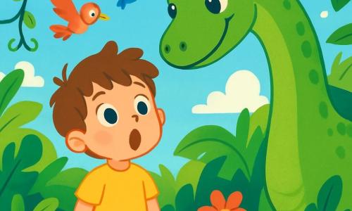 Ein 4-jähriger Junge mit zerzausten braunen Haaren und neugierigen Augen steht inmitten eines üppigen Dschungels. Er trägt ein leuchtend gelbes T-Shirt und eine blaue Shorts, und sein Gesicht drückt große Überraschung und Staunen aus. Neben ihm steht ein großer grüner Dinosaurier mit langem Hals, glänzenden Schuppen und sanften Augen, der ihn freundlich anblickt und sich leicht zu ihm neigt. Der Dschungel ist dicht, gefüllt mit großen grünen Blättern, bunten Blumen und hängenden Lianen, während ein strahlend blauer Himmel darüber zu sehen ist. Bunte Vögel fliegen umher und verleihen dieser lebendigen Szene Leben. In dieser Hauptsituation entdeckt der Junge mit Staunen, dass er in der Zeit gereist ist und vor seinem neuen prähistorischen Freund steht, bereit, ein unglaubliches Abenteuer zu erleben.