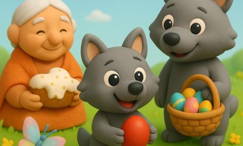 Piccolo lupo di plastilina felice e meravigliato con grandi occhi lucenti, muso arrotondato e pelo grigio morbido che tiene un uovo rosso brillante; mamma lupa di plastilina con sorriso tenero e orecchie rotonde, dietro a destra con un cestino colorato di uova dipinte; nonna di plastilina dal volto rotondo e caldo che tiene una colomba pasquale bianca e dorata seduta su una coperta a sinistra; piccola farfalla di plastilina con ali traslucide pastel posata su una margherita; prato verde luminoso con erba e fiori gialli, rosa e blu, uova dipinte parzialmente nascoste, cielo azzurro con nuvole soffici e luce mattutina; scena principale: caccia alle uova di Pasqua gioiosa e tranquilla, colori vivaci, forme rotonde, atmosfera sicura e affettuosa, composizione centrata sul piccolo lupo.