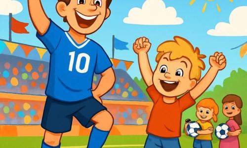 An athletic man, Max, with messy brown hair and a broad smile radiating joy, is celebrating a victory on the football field. He wears a bright blue jersey with the number 10, black shorts, and white sneakers. Next to him, a 7-year-old boy with blonde hair and sparkling eyes raises his arms in the air, shouting with joy. He is wearing a red t-shirt and denim shorts. A group of three children, two 6-year-old girls and an 8-year-old boy, stands a little further away, all smiling with colorful footballs in their hands, admiring Max with wide eyes. The football field is lush, surrounded by bleachers filled with enthusiastic spectators, with waving flags and colorful banners. The sky is blue with a few fluffy white clouds, and the sun is shining, creating a joyful and festive atmosphere. Max, with a determined and friendly look, is about to show the children one of his impressive dribbles while they watch him with admiration, eager to join in this magical moment.