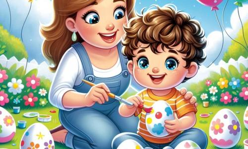 Um menino de 2 anos, com cabelos cacheados e olhos brilhantes de alegria, está sentado no chão, cercado por ovos de Páscoa brancos e brilhantes. Ele sorri amplamente, com as bochechas rosadas e as mãos cheias de tinta colorida. Sua mãe, uma mulher sorridente de cerca de 30 anos, com cabelos longos e castanhos, está ao seu lado, segurando um pincel e o incentivando com um olhar carinhoso. Eles estão em um jardim ensolarado, cheio de flores coloridas e balões flutuantes, com uma grande árvore ao fundo. O menino está pintando ovos de Páscoa com cores vibrantes, criando padrões alegres e divertidos, enquanto sua mãe o observa com orgulho.