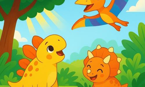 A stegosaurus named Sunny, with shiny plates and a joyful expression, stands under a large green tree, looking up at the blue sky. Next to him, Tilly, a small triceratops with cute horns and a bright smile, plays in the tall ferns, laughing. Higher in the sky, Terry, a colorful pterodactyl, joyfully flies, ready to join his friends. The landscape is filled with large green plants and colorful flowers, with sunlight filtering through the leaves. Sunny and his friends are having fun together, discovering a pretty blue pebble, surrounded by laughter and joy.