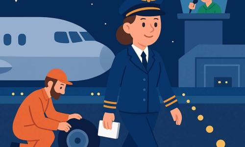 Pilotka Lena, spokojna i uśmiechnięta, w granatowym mundurze z czapką, trzyma mały biały notes i idzie ku srebrnemu samolotowi na pasie; mechanik Olek, ok. 35 lat, z bródką, w pomarańczowym kombinezonie, kuca przy kole i sprawdza hamulce po lewej stronie; kontrolerka Maja, ok. 30 lat, włosy związane, w zielonym uniformie wieży, widoczna w przeszklonej kabinie, mówi do mikrofonu; lotnisko nocą z długim pasem i żółtymi lampami, głębokim niebieskim niebem i gwiazdami oraz szarym hangarem; przygotowanie nocnego lotu, atmosfera bezpieczeństwa i współpracy, precyzyjne gesty i skupione spojrzenia.
