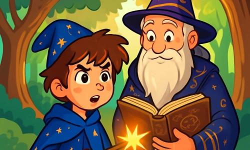 An 11-year-old boy named Finn is an apprentice wizard with tousled hair and curious, bright eyes. He wears a midnight blue wizard robe adorned with sparkling stars and holds a wand emitting a soft golden glow. His face shows both wonder and determination as he focuses on a spell he is about to cast. Next to him is Master Alaric, a wise-looking man around 60 years old with a long silver beard. He wears a richly decorated wizard robe and watches Finn with a kind smile, holding an ancient open grimoire. The scene takes place in the enchanted clearing of the Whispering Woods, surrounded by majestic trees with gnarled trunks and luminous leaves. Sunlight filters through the branches, casting a play of shadows and light on the mossy ground. Finn is preparing to cast a light spell to chase away a looming shadow on the horizon, while the whispers of the trees seem to encourage him in his heroic quest.