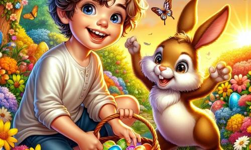 A 10-year-old boy, Max, with tousled brown hair and sparkling curious eyes, is crouched in a colorful garden, holding a basket filled with Easter eggs. He wears a big smile, overflowing with excitement and joy, as he discovers a shiny egg hidden under a flowering bush. Nearby, a small brown bunny with bright, mischievous eyes, representing the Easter Bunny, joyfully hops around Max, adding a touch of magic to the scene. The garden is a vibrant tableau, filled with bright flowers, fluttering butterflies, and the soft golden light of the setting sun illuminating everything. Easter decorations, like colorful garlands and painted eggs, hang from the tree branches. The main scene shows Max in the midst of an egg hunt, marveling at the hidden treasures in his magical garden, while the bunny encourages him in this joyful and festive adventure.