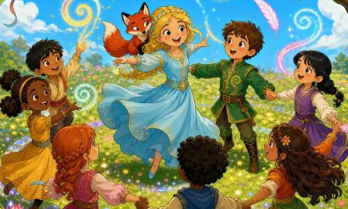 Princess (girl) with a round face and bright hazel eyes, blonde hair braided into a crown, wearing a pale blue flowing dress, joyful and focused, smiling and dancing at the center of a circle with arms tracing patterns in the air; young prince (~9) with short chestnut hair and a green jacket embroidered with a small swirl, amazed, holding a friend's hand and dancing beside the princess while looking at her; a red fox with glossy fur and mischievous eyes perched on the princess's shoulder, sharing a knowing look with the children; a small blue bird with vivid plumage perched on a branch above the circle, singing with visible colorful musical notes; the scene is a sunny meadow of green grass dotted with star-shaped flowers and bright tulips, a pure blue sky, kites and ribbons floating, and a path of tiny sparkling stones; children and animals dance together in the sun, their gestures forming visible luminous symbols (swirls, feathers, spirals) in the air, warm magical atmosphere, bright colors, clear lines, Franco-Belgian comic style, composition centered on the princess.