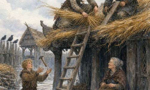 Main character: a determined, gentle young woman with braided brown hair, soot-stained thick wool clothes, kneeling on a roof applying a new layer of thatch, calloused hands holding a bundle of golden straw, focused and brave; the young cousin: about 16, tousled blond hair, simple coat, standing at the foot of the ladder with a worried but willing look, holding a hammer he has just tossed in the air with an embarrassed smile; the old adviser: about 75, gray hair in a bun, simple clothes, seated on a bench on the ground, kind, wrinkled gaze, holding a coil of rope; the craftsman Eirik: about 55, broad weathered hands, oilskin and hat, on the roof beside the woman ready to fix a plank, attentive and calm; setting: a longhouse courtyard under a pale winter sky, frozen earth, stacked bundles and planks, a dark wooden granary on stilts with thatched roofs, ravens on a fence; main situation: close view of roof repairs against imminent snow, composition centered on the woman repairing thatch, flashes of golden straw against gray wood, wind in hair and edges of thatch, atmosphere of quiet tension and solidarity.