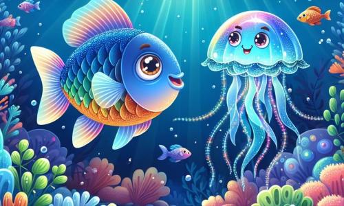En el centro de la imagen, un valiente pez en forma de flecha, con escamas brillantes de azul y naranja, nada con determinación, sus ojos grandes y brillantes de emoción. Parece listo para explorar las profundidades del océano, su cuerpo vibrante de energía y curiosidad. A su lado, una encantadora medusa translúcida, con tentáculos delicados y luminosos, flota graciosamente, iluminando el agua oscura con una suave luz rosa. Sonríe, animando al pez a avanzar, sus ojos chispeantes de benevolencia. Al fondo, un jardín submarino encantador se despliega, lleno de corales coloridos en forma de flores gigantes, peces multicolores que nadan en armonía, y rayos de luz filtrándose a través de la superficie del agua, creando un espectáculo de ensueño. La escena muestra al pez y a la medusa aventurándose juntos a través de un laberinto de corales, rodeados de criaturas marinas fascinantes, listos para descubrir los misterios del océano.