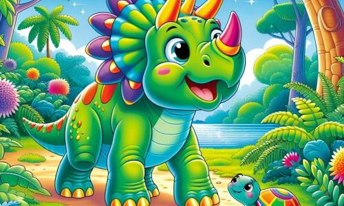 Um tricerátopo alegre, com uma pele verde brilhante e três chifres coloridos, está perto de um lago cintilante. Seus grandes olhos redondos brilham de excitação enquanto ele fareja o ar, curioso para descobrir o que se esconde atrás dos arbustos. Perto dele, uma pequena tartaruga com um casco listrado e um sorriso amigável observa Tico, pronta para acompanhá-lo em sua aventura. A cena acontece em uma floresta luxuriante, com grandes samambaias, árvores de troncos grossos e flores vibrantes que dançam sob a brisa suave. Tico, intrigado por um barulho misterioso, se aproxima da margem do lago, pronto para explorar e descobrir um novo amigo ou um segredo escondido.