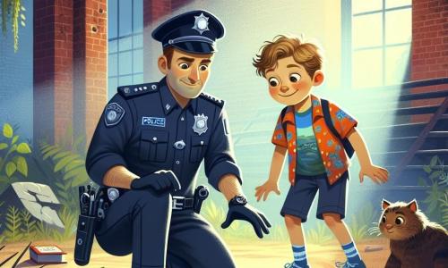 Głównym bohaterem jest policjant Krzysztof, trzydziestolatek z brązowymi włosami i błyszczącymi od determinacji oczami. Nosi granatowy mundur, pas z narzędziami policyjnymi i błyszczący odznak na piersi. Klęczy, uważnie badając ślady na ziemi z wyrazem koncentracji i podekscytowania. Obok niego stoi Piotrek, jedenastolatek z rozczochranymi blond włosami i szerokim uśmiechem. Ma na sobie kolorowy t-shirt i szorty, trzyma w jednej ręce mały notatnik, gotowy do zapisania swoich obserwacji. Patrzy na Krzysztofa z podziwem, z oczami szeroko otwartymi z ekscytacji. Scena rozgrywa się w starym, opuszczonym budynku z czerwonymi cegłami, wybitymi oknami i rosnącą roślinnością. Promienie światła przenikają przez szczeliny, tworząc tajemniczą atmosferę. Główna sytuacja pokazuje Krzysztofa i Piotrka odkrywających ślady prowadzące do stosu porzuconych rowerów, podczas gdy mały, radosny piesek Łatek biega wokół nich, dodając lekkości do tej intrygującej sprawy.