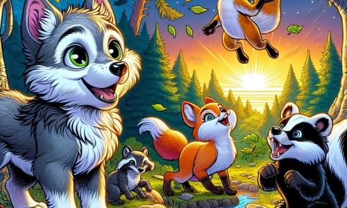 Um pequeno lobo de pelagem cinza suave e olhos brilhantes, Lupo, está no centro da clareira, com um sorriso maravilhado e orelhas em pé, observando o pôr do sol dourado que ilumina a floresta. À sua direita, Rina, uma ave de rapina astuta com pelagem ruiva brilhante e olhos travessos, salta alegremente sobre uma pedra, sua expressão cheia de empolgação. À sua esquerda, Tito, um texano de pelagem preta e branca, ri com grande energia, segurando uma folha colorida atrás da orelha, seu olhar brilhando de alegria. A clareira é cercada por árvores majestosas com folhas verdes vibrantes, e o chão está coberto de flores silvestres coloridas. A cena transmite uma atmosfera de camaradagem e celebração, enquanto os amigos se reúnem para quebrar o jejum ao crepúsculo, compartilhando frutas e água fresca sob o céu estrelado.