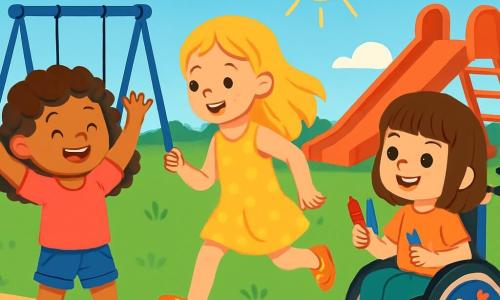There are 3 characters: - Lily: A 7-year-old girl with curly brown hair, wearing a pink t-shirt and denim shorts. She is standing on the left, smiling with her arms raised in joy. - Mia: A 7-year-old girl with long blonde hair, dressed in a yellow polka dot dress and shiny shoes. She is in the center, making a running gesture, ready to play. - Sophie: A 7-year-old girl with chestnut hair and bangs, sitting in a wheelchair decorated with colorful stickers. She is on the right, smiling, holding crayons in her hands. The setting takes place in a sunny playground, with swings, a bright red slide, and a large green lawn. Colorful flowers line the path, and the sky is a bright blue with a few fluffy white clouds. The main scene shows the three friends playing a slow game of tag. Lily and Mia gently run around Sophie, who moves with her wheelchair, laughing and having fun. Their joyful and friendly expressions highlight the importance of inclusion and support.