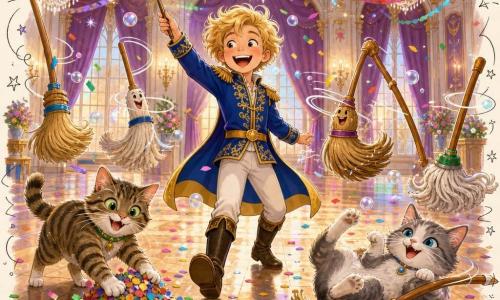Een jonge prins (ongeveer 9 jaar) glimlacht enthousiast, blonde warrige haren, koningsblauwe jas met gouden borduursels, hij zwaait lachend met een kleine fonkelende toverstok in het midden van het toneel; Felix, een gestreepte kater met guitige groene ogen, duwt naast hem een stapel confetti; Luna, een grijswitte poes met slimme blauwe ogen, rolt lachend op de grond bij een betoverde bezem; levende bezems en dweilen tollen rond alsof ze dansen, met bewegende haren, felle kleuren en zeepglans; de grote balzaal van het kasteel is licht, brede glanzende plankenvloer, gekreukte paarse gordijnen, kleurrijke slingers en overal confetti, kristallen kroonluchters werpen regenboogreflecties; de scène toont een vrolijk, grappig moment van magische schoonmaak, alles beweegt in cadans, uitbundige mimiek en warme, kleurrijke sfeer, compositie gecentreerd op de prins omringd door katten en dansende bezems.