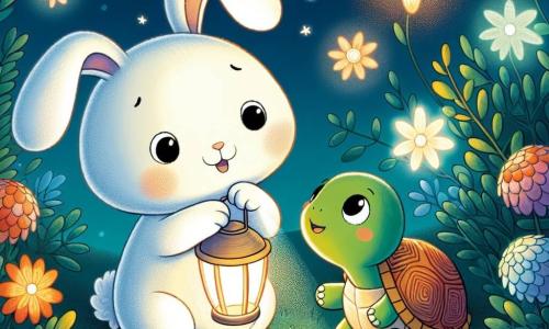 Un coniglietto di nome Bobo, con un pelo bianco e grandi orecchie, tiene in mano una lampada accesa che illumina il suo viso curioso e un po' preoccupato. Si trova nel mezzo di un giardino notturno, circondato da fiori luminosi che brillano sotto le stelle. Accanto a lui, la sua migliore amica, una tartaruga di nome Tina, con un guscio verde e dolci occhi, sorride gioiosamente mentre guarda le stelle. Sembra rassicurante e meravigliata dalla bellezza del cielo. Il giardino è pieno di colori vivaci, con ombre morbide proiettate dalla luce della lampada, creando un'atmosfera magica e rilassante. Bobo e Tina esplorano insieme il giardino, scoprendo la bellezza del mondo notturno, mentre la paura del buio di Bobo svanisce poco a poco.