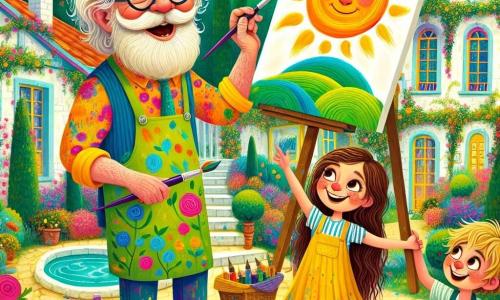 An elderly man, Mr. Art, with a white beard and round glasses, smiles warmly. He wears a colorful shirt and a paint-splattered apron, holding a brush in one hand and a canvas in front of him, where bright colors blend together. Next to him, a 7-year-old girl, Mia, with long brown hair and a yellow dress, gazes in awe at her canvas where she has painted a large sun. A 6-year-old boy, Max, with messy blonde hair and a green t-shirt, stands slightly back, holding a canvas with a drawing of a green hill, smiling proudly. The setting is an enchanting garden filled with colorful sculptures and vibrant flowers, with a picturesque house painted in pastel colors in the background. The main scene shows Mr. Art teaching Mia and Max how to paint, surrounded by their artwork, in a joyful and creative atmosphere where imagination comes to life.