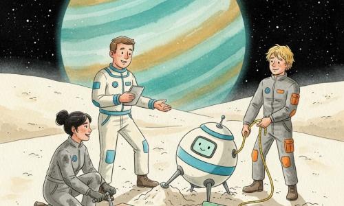 A smiling, serene man, Commander Leo, round face with light freckles and short brown hair, in a pale spacesuit with blue accents, holds a small glowing tablet and gives calm instructions with one foot on the creamy lunar dust; Mira, the engineer, about 30, black hair in a bun, grease-stained gray overalls, kneels by the pod operating a small silver hydraulic jack as she looks to the commander and adjusts a bronze stabilizer plate; Jax, a young man of about 20 with messy blond hair and a relaxed suit with an orange pocket, stands slightly right of the pod pulling a bright yellow rope, muscles tense but playful expression; the MOSS pod, a small round friendly robot painted white with a wide blue stripe and a tiny screen showing a pixelated smiling face, leans with one leg sunk in powdery dust beside a green lit 