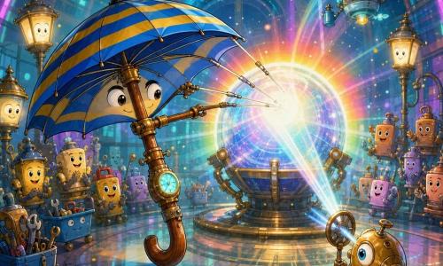 Flippy, ein sprechender, anthropomorpher Regenschirm mit blau-gelb gestreiftem Stoff, poliertem Holzgriff und kleinem Leuchtziffernblatt, lächelnd aber konzentriert, spannt seine Metallstreben, um Lichtstrahlen neu auszurichten; rechts von ihm Lumi, ein zweirädriger Messkompass aus Messing mit einem leuchtenden Einauge und schelmischem Blick, schiebt mit dem Rad einen Strahl an die große, regenbogenleuchtende Kugel, die prismatische Strahlen aussendet; im Hintergrund applaudiert eine halbkreisförmige Menge belebt wirkender Objekte (schwebende Gartenroboter, freundliche Laternen, kleine Werkzeugkästen); die Szene spielt in einer Glas‑Metall‑Höhle mit türkis‑magenta Lichtstreifen, transparenten Stegen und schwebenden Leuchtepoussièrefunken; Flippy und Lumi stabilisieren die Stadt, dynamische, warme Atmosphäre.