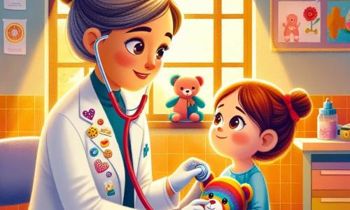 La doctora Ana es una mujer de unos cuarenta años, con el cabello castaño recogido en un moño, que lleva una bata blanca adornada con pegatinas de colores. Su rostro expresa una dulce benevolencia mientras examina un peluche con un estetoscopio, rodeada de una luz cálida en su consultorio. Laura, una niña de seis años, está sentada en una silla, con grandes ojos curiosos y una sonrisa tímida. Sostiene firmemente su peluche, Mimoso, un oso de peluche de colores vivos, que parece escuchar atentamente. El consultorio médico está lleno de colores vivos, con carteles educativos en las paredes, juguetes esparcidos por el suelo y una gran ventana que deja entrar la luz del sol, creando una atmósfera acogedora y alegre. La situación principal muestra a la doctora Ana jugando con Laura y Mimoso, transformando una visita médica en una aventura divertida, donde el miedo se disipa gracias a la magia de la imaginación y la empatía.
