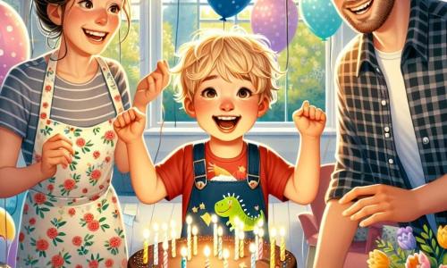 Een kleine jongen van 2 jaar, Lars, met rommelig blond haar en sprankelende ogen van blijdschap, is omringd door kleurrijke ballonnen in een lichte kamer. Hij draagt een rode t-shirt met een dinosaurusafbeelding en een blauwe short, en hij glimlacht breed terwijl hij met zijn vinger wijst naar een grote chocoladetaart op de tafel. Zijn moeder, een vrouw van ongeveer 30 jaar met bruin haar in een knot, draagt een bloemen schort en glimlacht terwijl ze naar haar zoon kijkt, terwijl zijn vader, een man van ongeveer 32 jaar met een lichte baard en een geruite overhemd, naast haar staat met een bord met taartstukken. De scène speelt zich af in een woonkamer versierd met kleurrijke slingers en zwevende ballonnen, met een grote houten tafel in het midden, bedekt met een vrolijke tafelkleed. Lars is bezig de kaarsjes op zijn verjaardagstaart uit te blazen, omringd door zijn ouders die hem aanmoedigen met warme glimlachen, wat een feestelijke en blije sfeer creëert.