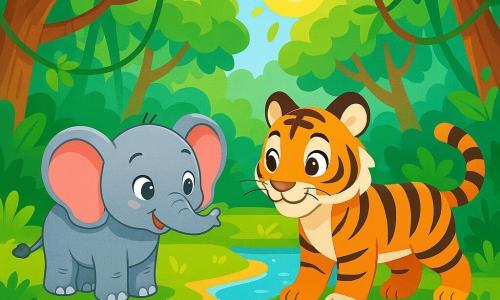 Un elefante carino e curioso di nome Pierino, con grandi orecchie rosa e occhi scintillanti di gioia, si trova sulla riva di un fiume luccicante. Guarda con meraviglia una maestosa tigre dalle strisce arancioni e nere, che si avvicina dolcemente a lui con un sorriso amichevole. La tigre, Lina, ha un pelo lucido e occhi dolci, e sembra felice di conoscere Pierino. Il paesaggio è una giungla lussureggiante, piena di alberi giganti con foglie verdi brillanti, fiori colorati e liane pendenti. Il sole brilla tra il fogliame, creando giochi di luce sul terreno. In questa scena, Pierino e Lina si incontrano per la prima volta, condividendo un momento di curiosità e amicizia, circondati dalla bellezza della natura.