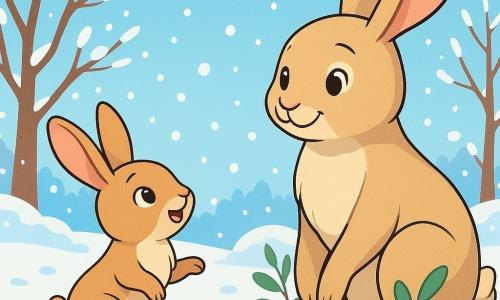 Una pequeña liebre llamada Lila, con un pelaje suave y marrón claro, grandes orejas erguidas, observa maravillada la nieve que cae suavemente a su alrededor. Sus ojos brillan de curiosidad y alegría, mientras se sostiene sobre sus patas traseras, lista para saltar en la nieve. A su lado, su mamá, una liebre más grande con pelaje beige y ojos cariñosos, sonríe tiernamente, envolviendo a Lila con su presencia protectora. Está agachada, rodeada de ramas y hojas, creando un cálido capullo. El paisaje es un hermoso entorno invernal, con árboles desnudos cubiertos de nieve brillante, un suelo blanco y esponjoso, y copos de nieve que bailan en el aire. La escena principal muestra a Lila descubriendo la magia del invierno, maravillada por la belleza de la nieve que cae, mientras su mamá la anima con amor y ternura.