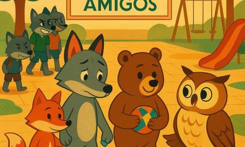 Um pequeno lobo antropomórfico chamado Léo, tímido mas aliviado, pelo cinza com mancha branca na barriga, segura um pequeno telemone azul-claro e caminha lentamente rumo à professora; a professora é uma grande coruja sábia, olhos calmos, plumagem bege e castanha, agachada e com uma asa aberta em gesto protetor, ao centro; ao lado de Léo está Rita, uma raposa de pelo ruivo brilhante, olhar determinado e patinha no ombro dele; Tita, uma têduga de pelo castanho, segura uma bola de tecido colorida pronta para brincar; três jovens lobos maiores zombeteiros estão à esquerda junto ao escorrega vermelho, em roupas escolares desalinhadas; pátio escolar ensolarado com chão de calçada ocre, manchas de relva molhada, baloiços ao fundo e um painel com as palavras Respect e Amis; cena de confronto pacificado, amigos apoiando Léo, cores quentes, formas simples e traços suaves.