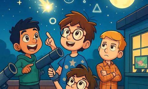 Há 4 crianças: - Miguel: Um garoto de 11 anos, com cabelos castanhos bagunçados e óculos redondos. Ele usa uma camiseta azul com estrelas e segura um pequeno telescópio. Está no centro da imagem, olhando para o céu com admiração. - Davi: Um garoto de 11 anos, com cabelos pretos e olhos brilhantes. Ele usa um moletom verde e um short. Está à esquerda de Miguel, apontando para uma luz brilhante no céu. - João: Um garoto de 12 anos, com cabelos loiros e uma expressão cética. Ele usa uma camisa xadrez e jeans. Está à direita de Miguel, com os braços cruzados, observando a cena com curiosidade. - Lucas: Um garoto de 10 anos, com cabelos ruivos e óculos. Ele usa uma camiseta vermelha e um short. Está atrás de Miguel, pulando de excitação enquanto segura um caderno de anotações. A cena principal ocorre em um laboratório científico ao ar livre, localizado em um telhado. O céu está cheio de estrelas cintilantes e uma grande lua brilhante ilumina a cena. Telescópios e livros estão espalhados ao redor deles, e uma grande janela do laboratório mostra computadores com gráficos coloridos. A situação principal da história mostra as crianças observando uma luz misteriosa no céu noturno, com estrelas cintilantes ao fundo. Elas estão fascinadas e curiosas, se perguntando se é uma nave espacial. Símbolos luminosos flutuam ao redor delas, adicionando um toque mágico à ilustração.