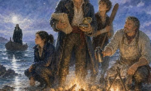 Main man: Rafe, ~35–40, weathered face, hazel eyes, short beard, red bandana, worn captain's coat, holding oil-wrapped papers in one hand and an open antique compass in the other, proud yet gentle, gazing resolutely to the horizon; secondary woman: Mara, ~30, navigator with brown hair in a ponytail, focused, navy jacket, crouched by the fire to Rafe's left watching the sea; secondary man: Jory, ~40, jovial cook with salt-and-pepper hair and stained apron, tending a makeshift fire and offering a hot bottle to Rafe's right; secondary boy: Len, ~16, young sailor with a bandaged wrist, brave, standing just behind Rafe gripping a paddle, admiring; antagonist woman in background: Captain Sable, ~38–45, dark silhouette in a small boat at the edge of the light circle, shiny black coat, cold defiant expression, the sea separating her from the group; setting: a narrow sandspit under a starry, cloudy sky, dark waves on rocks, a ring of stones and burning wood casting warm light on faces and objects, silvery reflections on wet sand, seaweed and shells in the foreground; scene: a tense yet quiet seaside confrontation—Rafe displays the papers and shields the fire while his crew stands close and the enemy boat waits in the dark, atmosphere of loyalty and courage.