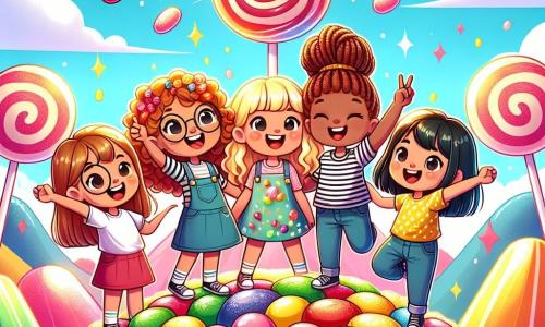 Four eight-year-old girls, Lucy, Mia, Emma, and Bella, stand together at the top of a colorful mountain made of shiny jellybeans. Lucy, with brown hair and round glasses, smiles while holding a large golden jellybean. Mia, with curly blonde hair, makes a victory gesture with a big smile. Emma, with red hair in a braid, laughs while jumping for joy, and Bella, with smooth black hair, dances with funny moves. Their environment is a sparkling mountain where jellybeans of all colors – red, blue, green, and yellow – shimmer in the sunlight. Fluffy clouds float in a light blue sky, and giant lollipops stand around them, adding a touch of magic to this sweet landscape. The scene captures the moment when the four friends celebrate their victory after making the Giggle Monster, a large pink-furred monster, laugh from the bottom of the mountain. The girls are surrounded by jellybeans falling like confetti, symbolizing their success in the impossible challenge.