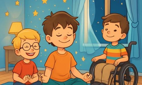 There are 3 characters: - Alex: a 10-year-old boy with sparkling green eyes and messy brown hair. He is sitting cross-legged on a blue carpet, smiling and focused, ready to guide his friends in a yoga session. - Jamie: a 9-year-old boy with blonde hair and round glasses. He is sitting next to Alex, legs crossed, with a big smile on his face, ready to have fun while relaxing. - Sam: a 10-year-old boy in a wheelchair, with brown hair and a colorful t-shirt. He is slightly behind, hands resting on the armrests, watching his friends with a joyful and serene expression. The setting takes place in a cozy room with pastel blue walls and golden stars stuck to the ceiling. A large blue ocean-shaped rug is spread out in the center, and an open window lets in a gentle night breeze, making the light curtains dance. Colorful cushions are scattered around, creating a welcoming and peaceful atmosphere. The main scene shows the three friends practicing yoga poses, eyes closed, breathing deeply. They are surrounded by a magical ambiance, with sparkling stars that seem to float around them, symbolizing the tranquility and softness of the night.