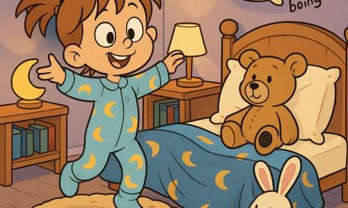 A joyful, dreamy 4-year-old girl with light brown messy pigtails and big bright eyes, wearing light-blue rabbit pajamas patterned with yellow moons, smiles as she pretends to lead a tiny parade standing on a soft round rug; a beige teddy named Mr. Buttons with a black button on its paw and a floppy ear sits on the bed like a lovable, slightly comical captain, a white bunny comforter called Flopsy with long pink ears serves as a drum with a paw slightly raised, a cream pillow with an embroidered face and star pattern bounces above the headboard while a blue blanket with yellow moons gently waves, all in a cozy lavender-walled bedroom lit by a moon-shaped nightlight, a light-wood bedside table, a beige round rug, a shelf of books and a window showing a starry sky—the “sleep parade” scene is tender, pastel-toned, with rounded shapes and clear, expressive faces.