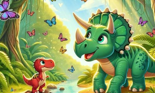 Wesoły i ciekawski triceratops o zielonych łuskach i majestatycznych rogach stoi na brzegu lśniącego strumienia. Jego duże oczy błyszczą z ekscytacji, gdy obserwuje kolorowe motyle fruwające wokół. Obok niego mała tyranozaur o jaskrawoczerwonym futrze i dużych, figlarnych oczach z zachwytem przygląda się latającym stworzeniom. Stoi nieco z tyłu, gotowa skoczyć, aby złapać motyla. W tle rozciąga się gęsta, bujna dżungla, wypełniona gigantycznymi paprociami i dużymi drzewami o sękatych pniach, skąpana w delikatnym, złotym świetle. Główna scena przedstawia triceratopsa i tyranozaura dzielących chwilę radości, zafascynowanych pięknem otaczającej ich natury.