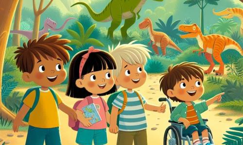 En un bosque prehistórico, cuatro amigos están juntos. Lucas, un niño de cuatro años con cabello castaño desordenado y una camiseta amarilla, sonríe sosteniendo una carta brillante. A su derecha, Sofía, una niña de cuatro años con cabello largo y rubio, lleva un vestido rosa y mira a su alrededor con asombro. A la izquierda, Tomás, un niño de cuatro años con cabello negro y gafas redondas, señala un enorme dinosaurio que pasa cerca de ellos. Finalmente, cerca de Tomás, está Martín, un niño de cuatro años en silla de ruedas, con cabello castaño y una gran sonrisa, que observa a los dinosaurios con ojos llenos de alegría. El escenario es un bosque exuberante, lleno de grandes árboles y helechos verdes. Dinosaurios coloridos, como un T-Rex y un triceratops, se mueven pacíficamente entre los árboles, mientras flores gigantes de colores vivos añaden un toque mágico al entorno. Los amigos, maravillados, acaban de ayudar a un pequeño dinosaurio triste a encontrar a sus amigos perdidos y están listos para explorar esta fascinante época, llenos de emoción y aventura.