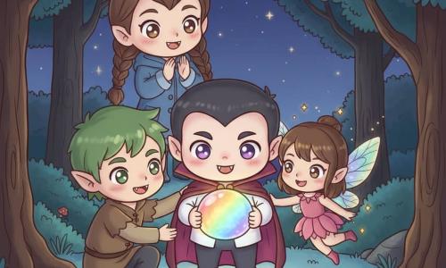 A small vampire named Vincent, round-faced with tiny teeth, wears a shy wide grin and amethyst-bright eyes; he holds a glowing round stone lighting his pale hands. He wears a short burgundy cape with a pointed collar, a ruffled white shirt and small leather boots; he stands proud and wonderstruck. To his right a tiny fairy with iridescent translucent wings and a pink petal dress flutters, casting golden sparks. To his left a boy elf with pointed ears, green hair and a brown tunic crouches, placing a hand on the stone to help, looking at Vincent gently. Behind him a nine-year-old human girl with braided hair, a blue coat and rubber boots claps, amazed. The scene is a nighttime forest glade: bushy tree silhouettes, sparkling leaves, glowing mushrooms and a bluish moss carpet, a starry sky visible through the branches. Vincent holds the stone radiating rainbow beams while the fairy, elf and girl gather around, smiling and bathed in warm light.