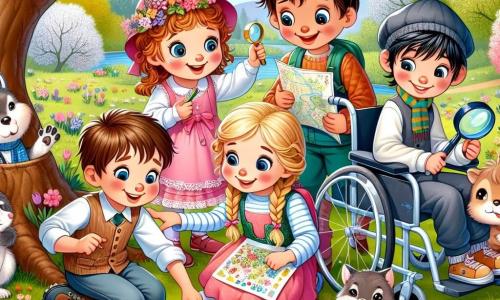 W parku w pełnym rozkwicie pięcioro dzieci zbiera się na wiosenną poszukiwanie skarbów. Ania, 8-letnia dziewczynka z blond kręconymi włosami, nosi różową sukienkę i trzyma kolorową mapę, uśmiechając się z entuzjazmem. Kuba, 9-letni chłopiec z brązowymi włosami i okularami, pochyla się, badając ziemię za pomocą lupy. Maja, 7-letnia dziewczynka z brązowymi warkoczami, siedzi na trawie, rysując kwiaty w zeszycie. Wojtek, 8-letni chłopiec z krótkimi czarnymi włosami, stoi obok dużego dębu, trzymając figurkę wilka, z radosnym blaskiem w oczach. Adaś, 9-letni chłopiec na wózku inwalidzkim, uśmiecha się i trzyma małą figurkę żaby, otoczony przyjaciółmi, pokazując, że jest w pełni zaangażowany w przygodę. Park jest pełen kolorowych kwiatów, a dzieci, pełne ekscytacji, szukają wskazówek do znalezienia ukrytych skarbów, śmiejąc się i motywując się nawzajem w ten piękny wiosenny dzień.
