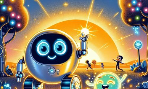 Blip, mały robot w błyszczącym metalu z okrągłymi, niebieskimi oczami, tańczy radośnie w futurystycznym parku, jego kółka błyszczą pod zachodzącym słońcem. Lumka, mała, świecąca zielona kula, unosi się obok niego, promieniując radością i uśmiechając się, zbierając promienie światła małą, przezroczystą rączką. Park jest pełen drzew o wielokolorowych liściach, które zmieniają odcień, z luminescencyjnymi kwiatami świecącymi w ciemności oraz dziećmi bawiącymi się na futurystycznych zjeżdżalniach. Scena jest skąpana w złotym świetle, a gwiazdy zaczynają pojawiać się na niebie. Blip i Lumka bawią się, łapiąc iskry światła tańczące wokół nich, tworząc magiczną i radosną atmosferę, symbolizującą znaczenie światła i przyjaźni w ich błyszczącej mieście.