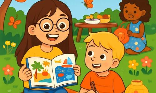 A 10-year-old girl named Emily, with long brown hair and round glasses, is joyfully smiling while holding an open book filled with colorful illustrations. She wears a bright yellow t-shirt and denim shorts, sitting on a checkered blanket in her sunny garden. Next to her, her friend Sam, a 10-year-old boy with blond hair and sparkling eyes, is drawing stars in a notebook, looking at Emily with admiration. Lucy, a 9-year-old girl with curly hair and a floral dress, is decorating paper lanterns, sitting a little further away on the green grass. The garden is filled with colorful flowers, fluttering butterflies, and a large wooden table with food. The atmosphere is joyful and festive, with laughter and chatter. The main scene shows Emily and her friends sharing summer stories while preparing a party inspired by cultures from around the world, surrounded by colorful decorations and a sense of camaraderie.