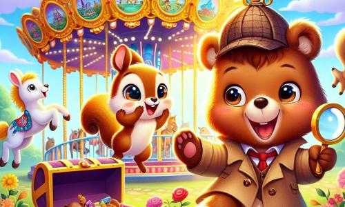 Bruno, un pequeño oso marrón con gran curiosidad, lleva una lupa y una pequeña gorra de detective, mostrando una gran sonrisa de emoción al descubrir un cofre del tesoro escondido detrás de un carrusel colorido. A su lado, Lila, una ardiente ardilla de ojos brillantes y pelaje dorado, salta de alegría con sus pequeñas patas levantadas, mientras que Toby, un dulce conejo blanco de orejas largas, mira con asombro, sus ojos redondos y brillantes traicionando su entusiasmo. El lugar es un jardín encantador, lleno de flores brillantes y un gran carrusel con caballos pintados de colores vivos, girando suavemente bajo un cielo azul claro salpicado de nubes esponjosas. La escena principal muestra a Bruno y sus amigos descubriendo el cofre lleno de caramelos y juguetes, rodeados de una atmósfera de alegría y aventura, con rayos de sol iluminando su momento de triunfo.