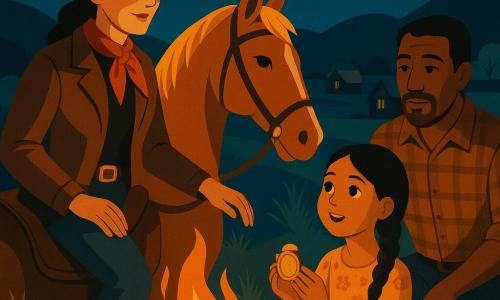Clara, una cow‑girl, osserva la notte con un sorriso sereno e sguardo determinato, veste una giacca di cuoio marrone, cappello beige a tesa larga, foulard rosso al collo, una mano sulla groppa del suo cavallo mentre racconta una storia al gruppo; Maya, bambina di circa 8 anni, stringe un medaglione dorato con gli occhi stupiti, seduta vicino al fuoco con un vestito a fiori e una lunga treccia castana; il padre di Maya, sui 40 anni, dal volto stanco ma riconoscente, in camicia a quadri con le maniche rimboccate, sta in piedi leggermente indietro osservando; Dusty, un grande cavallo sauro, orecchie in avanti e sguardo dolce, è legato vicino al fuoco con sella consumata e un po' di cenere sulle zampe. Intorno si apre la prateria di erbe dorate, rocce arrotondate e piccole case di legno, mentre una luna piena illumina la scena: serata tranquilla dopo il salvataggio, tutti riuniti attorno a un fuoco crepitante con volti colorati di arancio, stelle nel cielo blu profondo, atmosfera di sicurezza e cameratismo. Stile grafico: colori piatti e contrastati in stile art déco, linee geometriche nette, texture stilizzate per erba e cuoio, luci drammatiche sul bordo del fuoco.
