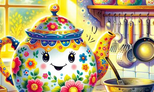 Mały czajniczek porcelanowy, nazwany Czaruś, z kolorowymi wzorami kwiatów i uśmiechniętą twarzą, stoi w centrum kuchni. Jego oczy błyszczą z ekscytacji, a on wydaje radosne bąbelki pary, próbując stworzyć melodię, wydając dźwięki gwizdów. Obok niego stoi stara patelnia metalowa, nazwana Patina, z złotymi uchwytami i zachęcającym wyrazem, delikatnie uderzając w bok, tworząc porywający rytm. Uśmiecha się z dumą, stojąc lekko z tyłu, aby wspierać Czaruśa. Kuchnia jest jasna i przytulna, z pastelowo żółtymi ścianami, półkami wypełnionymi kolorowymi słoikami i wiszącymi narzędziami, które błyszczą w słońcu. Otworzone okno wpuszcza delikatny powiew wiatru, sprawiając, że firany tańczą. Czaruś i Patina dają radosny koncert, wypełniając pokój muzyką i śmiechem, podczas gdy inne przybory kuchenne słuchają ich z zachwytem, tworząc atmosferę święta i przyjaźni.