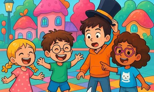 Hay 4 niños: - Alex: un chico de 10 años, con cabello castaño desordenado y gafas redondas. Lleva una camiseta verde y un pantalón corto azul. Está riendo, con los brazos extendidos, en el centro de la imagen. - Lila: una niña de 9 años, con cabello rubio trenzado y una sonrisa brillante. Lleva un vestido rosa con lunares y sandalias amarillas. Está a la izquierda, saltando de alegría. - Hugo: un chico de 10 años, con cabello negro y pecas. Lleva una sudadera naranja y jeans. Está a la derecha, haciendo una mueca mientras sostiene un sombrero mágico. - Valeria: una niña de 9 años, con cabello castaño rizado y gafas en forma de corazón. Lleva una camiseta azul con un dibujo de un gato y un short de mezclilla. Está detrás de Alex, señalando a un gato que se transforma en papel. El lugar es una plaza colorida de Doblalotodo, con casas rosas con techos en forma de frutas, árboles de caramelos y farolas que brillan como estrellas. El suelo está pavimentado con baldosas multicolores, y nubes en forma de pasteles flotan en un cielo azul brillante. La escena principal muestra a los cuatro niños jugando juntos, riendo a carcajadas, mientras un gato de papel se despliega a sus pies, creando una escena mágica y divertida, llena de colores vivos y alegría.