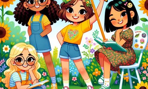 Quattro ragazze di dodici anni si trovano in un giardino colorato in primavera. Sara, con i capelli castani e ricci, indossa una maglietta gialla e un pantaloncino di jeans, rastrellando il terreno con entusiasmo e un grande sorriso. Accanto a lei, Bianca, con i capelli biondi intrecciati e occhiali rotondi, è seduta su una piccola sedia, scrivendo in un quaderno con una penna colorata. Laura, con i capelli castani e lisci, indossando un vestito a fiori, disegna piante su un foglio di carta, seduta sull'erba. Infine, Chiara, con i capelli corti e neri, sorridente nella sua sedia a rotelle decorata con adesivi, mostra una piccola pianta appena germogliata, con occhi scintillanti di gioia. Il giardino è un vero e proprio quadro di colori: fiori di tutte le sfumature, girasoli che si volgono verso il sole e un piccolo orto con pomodori e carote. Le ragazze sono riunite nel loro angolo di giardino, celebrando la magia della crescita delle piante che hanno seminato insieme, ridendo e condividendo i loro sogni per il giardino.