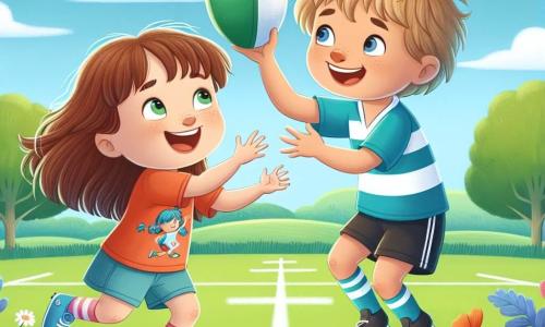 O fetiță de 4 ani, pe nume Ana, cu părul lung și brunet și ochi strălucitori de bucurie, zâmbește larg ținând o minge de rugby. Ea poartă un tricou colorat și o pereche de pantaloni scurți, stând pe un teren de rugby verde, înconjurată de flori sălbatice. Lângă ea, un băiat de 5 ani numit Radu, cu părul blond și zbârlit și un zâmbet încurajator, își ridică brațele în aer, pregătit să prindă mingea. El poartă un tricou de rugby albastru și pantaloni scurți negri, fiind ușor aplecat înainte, arătându-și entuziasmul. Terenul de rugby este în aer liber, luminat de soare, cu copaci verzi în fundal și un cer albastru presărat cu câteva nori albi. Liniile albe marchează terenul, iar flori colorate împodobesc marginile. Situația principală îi arată pe Ana și Radu jucând împreună, încercând să paseze mingea de rugby de la un capăt la altul al terenului, cu expresii de determinare și bucurie pe fețele lor, ilustrând spiritul de echipă și prietenia.