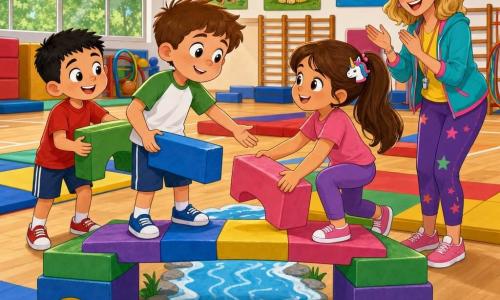 Niño de 6 años de rostro redondo con pecas, pelo corto castaño y sonrisa tímida pero segura, sostiene un bloque de espuma azul y tiende la mano para ayudar; a su derecha Sofía, 6 años, pelo castaño largo en coleta con pasador de unicornio, concentrada y alegre colocando un bloque rosa; a la izquierda Tomás, 6 años, pelo negro corto, entusiasta, sostiene un bloque verde para estabilizar el puente; la maestra Laura, ~30 años, rubia, cabello medio, sonrisa amable y ropa colorida, aplaude y anima desde el borde del tapete; gimnasio escolar luminoso con grandes ventanas, suelo de madera clara, tapetes multicolores y pósteres de animales; los niños construyen un puente de bloques de espuma sobre una “río imaginario” dibujado en el suelo, se toman de la mano y se ayudan a pasar en un ambiente cálido de cooperación y orgullo.
