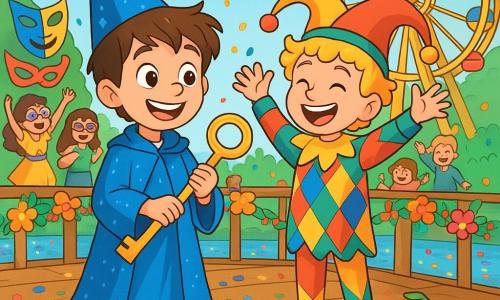 Un ragazzo di 8 anni, Mattia, con capelli castani disordinati e un grande sorriso, indossa un costume da piccolo mago blu con un mantello scintillante. Tiene in mano una grande vite dorata, con gli occhi brillanti di eccitazione e orgoglio. Accanto a lui, l'amico Leo, un ragazzo di 8 anni con capelli biondi ricci, indossa un costume da giullare colorato e lo incoraggia con un sorriso entusiasta, alzando le braccia. La scena si svolge su un ponte di legno decorato con ghirlande di fiori e luci scintillanti, con barche colorate che galleggiano in un canale pieno di coriandoli multicolori. Sullo sfondo, maschere festose e bambini ridono e ballano, creando un'atmosfera di festa vibrante. Mattia e Leo stanno preparando la grande ruota decorata per il carnevale, circondati da musica gioiosa e risate, mentre la ruota brilla sotto il sole, pronta per essere presentata durante la parata.