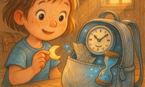 A 6-year-old girl named Luna with a round face, freckles, short light brown hair with a star barrette, an amazed gentle expression and big bright eyes holds a small moon-shaped button in her left hand and looks at a silver backpack; the backpack, shiny like polished metal, has a large round watch sewn on the front whose hand seems to smile, is open to reveal a crumpled paper map, a glass hourglass with blue sand and a dangling strap, and sits beside Luna like a companion; the attic setting is bathed in warm late-afternoon light with old wooden floorboards, a square skylight letting in sunbeams, fine cobwebs and floating dust, an old leather trunk and stacked black-and-white photos; Luna discovers the magical backpack on an attic step and gently presses the moon button with joyful curiosity as the watch hand points toward the skylight and small blue sparks float around the hourglass; colored-pencil style, soft strokes, warm colors with blue contrasts for magical elements, composition centered on Luna and the backpack, intimate enchanted atmosphere.