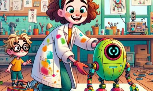 Ana, o tânără cu părul castaniu și creț, poartă o bluză de inventator plină de pete de vopsea. Ea are un zâmbet mare pe față, arătându-și bucuria și entuziasmul în timp ce asamblează un robot verde cu brațe lungi și o față rotundă. Lângă ea, Luca, un băiat de 8 ani cu părul blond în dezordine și ochelari, observă cu ochii mari, ținând o cutie de unelte colorate. Se află într-un atelier luminos și colorat, plin de mașini ciudate, schițe agățate de pereți și piese împrăștiate pe mese din lemn. Principala situație îi arată pe Ana și Luca finalizând robotul, privindu-l cu nerăbdare în timp ce începe să se miște, simbolizând creativitatea și prietenia lor.