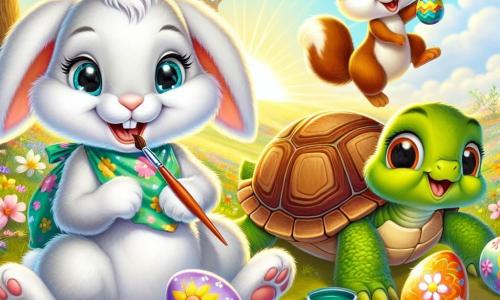 In the center of the image, a cheerful little rabbit named Benny, with soft white fur, sparkling blue eyes, and a fluffy tail, is enthusiastically painting colorful eggs. He is smiling widely, his ears perked up, holding a brush in one paw. Next to him, a wise turtle named Tilly, with a green shell adorned with floral patterns, observes with a kind smile, holding a decorated egg in her paws. She looks amused and proud to be part of this festive activity. A mischievous squirrel named Sammy, with brown fur and a bushy tail, is doing flips around them, laughing and splattering paint on the ground. His face is filled with joy and excitement. The setting is a beautiful sunny meadow sprinkled with colorful flowers swaying in the wind, with a majestic oak tree in the background. Painted eggs of all colors are scattered around them, creating a festive and joyful atmosphere. The main scene shows Benny, Tilly, and Sammy engaged in the Easter egg painting activity, surrounded by laughter and colors, capturing the spirit of camaraderie and joy of this special day.