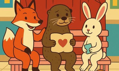Pip, a juvenile otter sitting on a pale-pink painted wooden bench, looks tender with quivering whiskers and glossy brown fur, holding an embroidered cushion with a small red heart on his lap; Juniper, a red fox with mischievous eyes, grins and rests a paw on the bench back to Pip's left, shiny coat and playful confident pose; Basil, a small white rabbit with long pink ears, sits to Pip's right, shy but happy, holding a small card and touching a hidden shelf under the seat. In the background a dark-red curtain, paper heart garlands and a basket of props sit in the light-tiled hall of an animal school with colorful posters and warm overhead light. Main scene: three friends on the Friendship Throne decorated for Valentine's Day, intimate joyful moment, simple composition, flat contrasting colors, clean lines and warm, readable expressions.