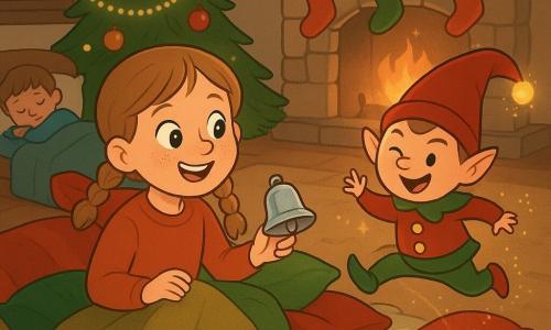 An 8-year-old girl with light brown hair in two braids, a round freckled face, bright eyes and an awed smile holds a small silver bell while sitting playfully in a pillow-and-blanket fortress; a mischievous male elf with a round body, red-and-green jacket with gold buttons, a drooping pointed hat with sparkling pom-poms leaps on a cushion leaving a trail of glitter and winks; a little boy of about 4–6 sleeps peacefully in the background in blue pajamas with the blanket up to his chin; the cozy living room has a fluffy zigzag rug, a stone fireplace with a gentle flame, a Christmas tree decorated with red and gold ornaments and warm lights, and stockings on the mantle — the central scene is a magical, intimate Christmas night as the girl and elf build and decorate their pillow fortress, exchanging laughter and playful tricks, in warm red, green and gold tones with visible textures of wool, velvet and wood.